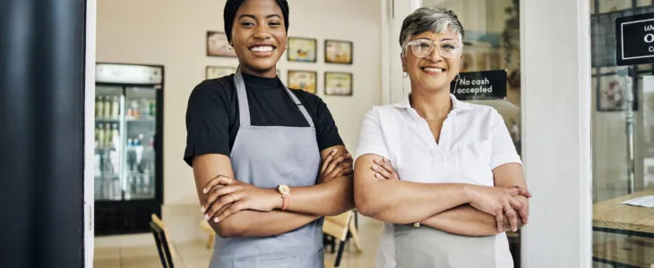 Happy, partnership of women in coffee shop for small business owner